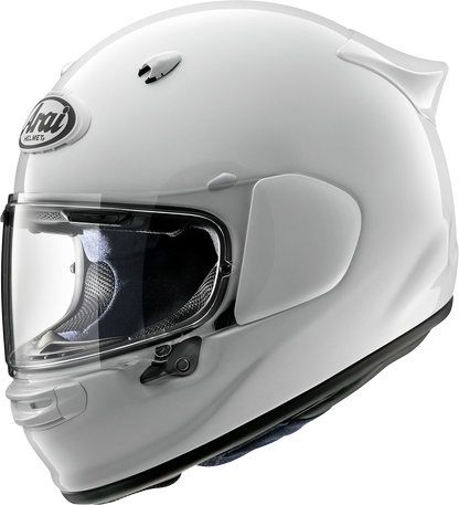 Arai Contour-X solid diamond white motorcycle helmet with advanced aerodynamics and communication system compatibility.
