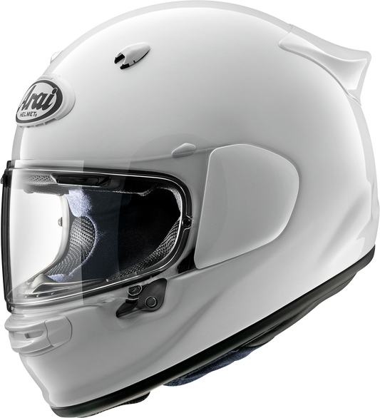 Arai Contour-X solid diamond white motorcycle helmet with advanced aerodynamics and communication system compatibility.