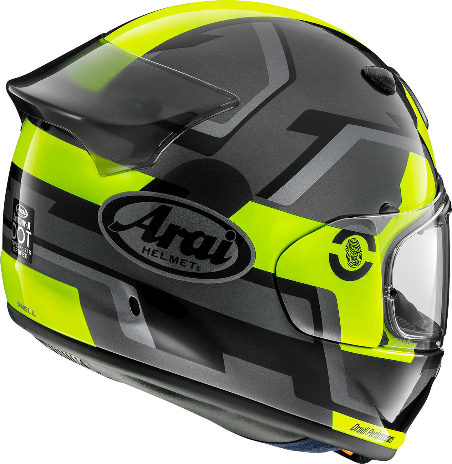 Arai Helmets Contour-X helmet in fluorescent yellow with face shield, shown in size XS, featuring aerodynamic design and ventilation.