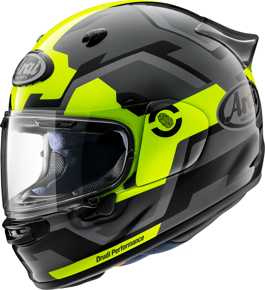 Arai Helmets Contour-X helmet in fluorescent yellow, medium size, showing the sleek design and ventilation features.