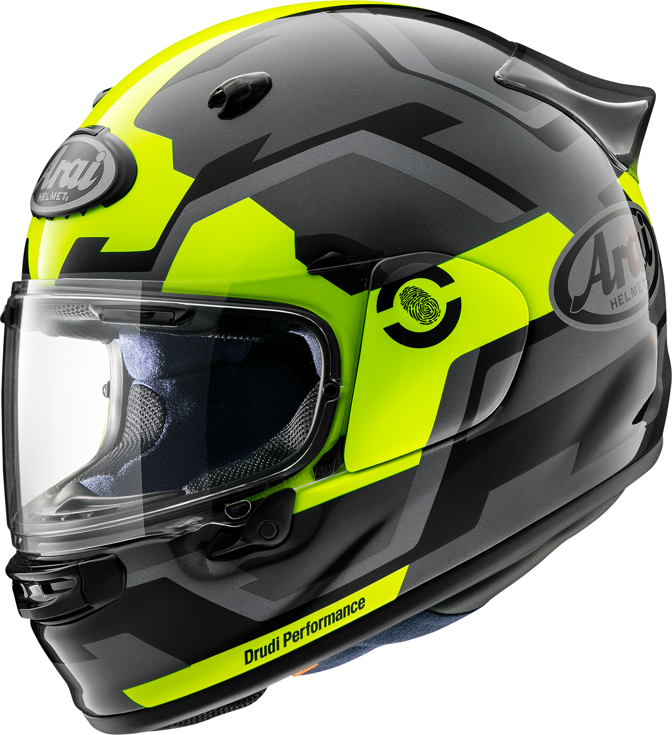 ARAÏ HELMETS Contour-X helmet in fluorescent yellow with integrated logo duct and aerodynamic spoiler, size XL.