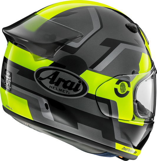 Arai Helmets Contour-X helmet in fluorescent yellow, medium size, with aerodynamic design and ventilation features visible.