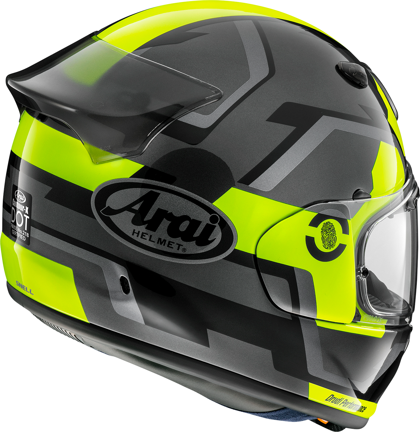 Fluorescent yellow ARAI HELMETS Contour-X motorcycle helmet with integrated logo duct and aerodynamic spoiler, XL size.