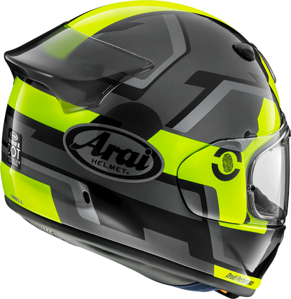 Fluorescent yellow ARAI HELMETS Contour-X motorcycle helmet with integrated logo duct and aerodynamic spoiler, XL size.