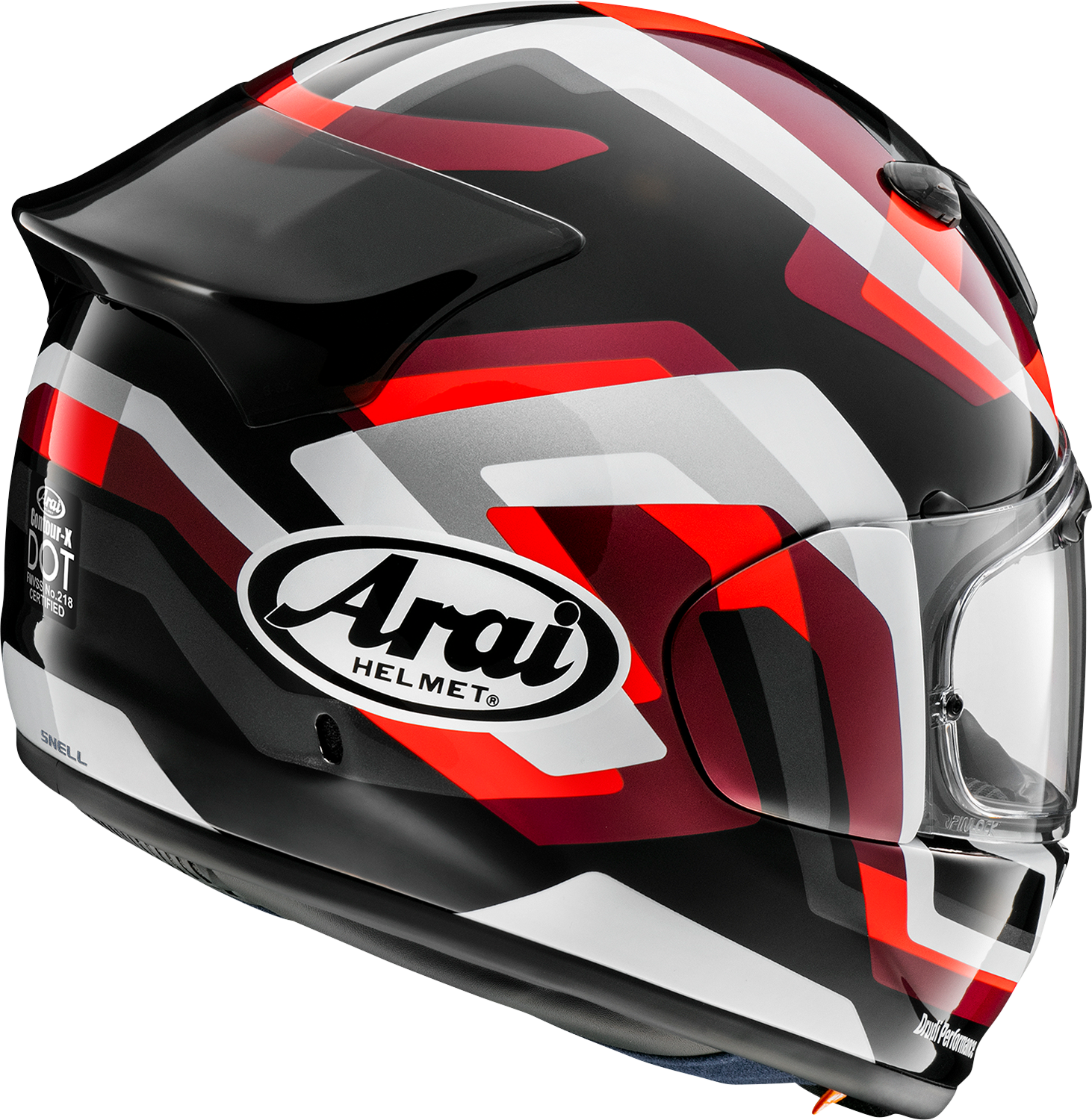 Arai Helmets Contour-X Snake helmet in 2XL with integrated rear spoiler and logo duct, showcasing black and silver design details.