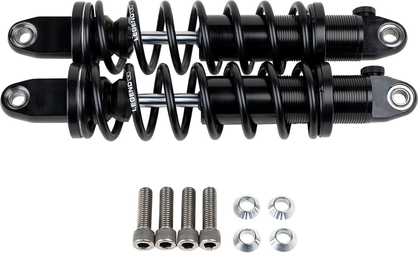 Legend Suspension REVO-A Triglide suspension in black, heavy-duty 13.6-inch replacement shock absorber for motorcycle rear suspension.