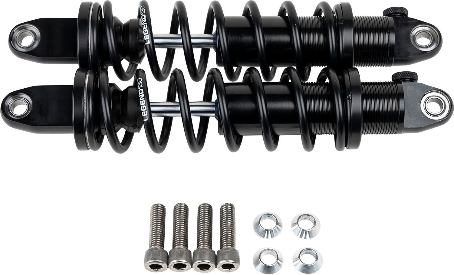 Legend Suspension REVO-A Triglide suspension in black, heavy-duty 13.6-inch replacement shock absorber for motorcycle rear suspension.