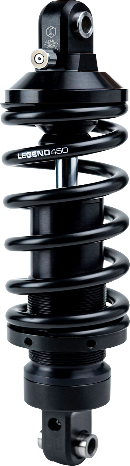 Legend Suspension Revo-A shock absorber for Harley Softail, 13.5-inch standard suspension, black coil and mounting hardware.