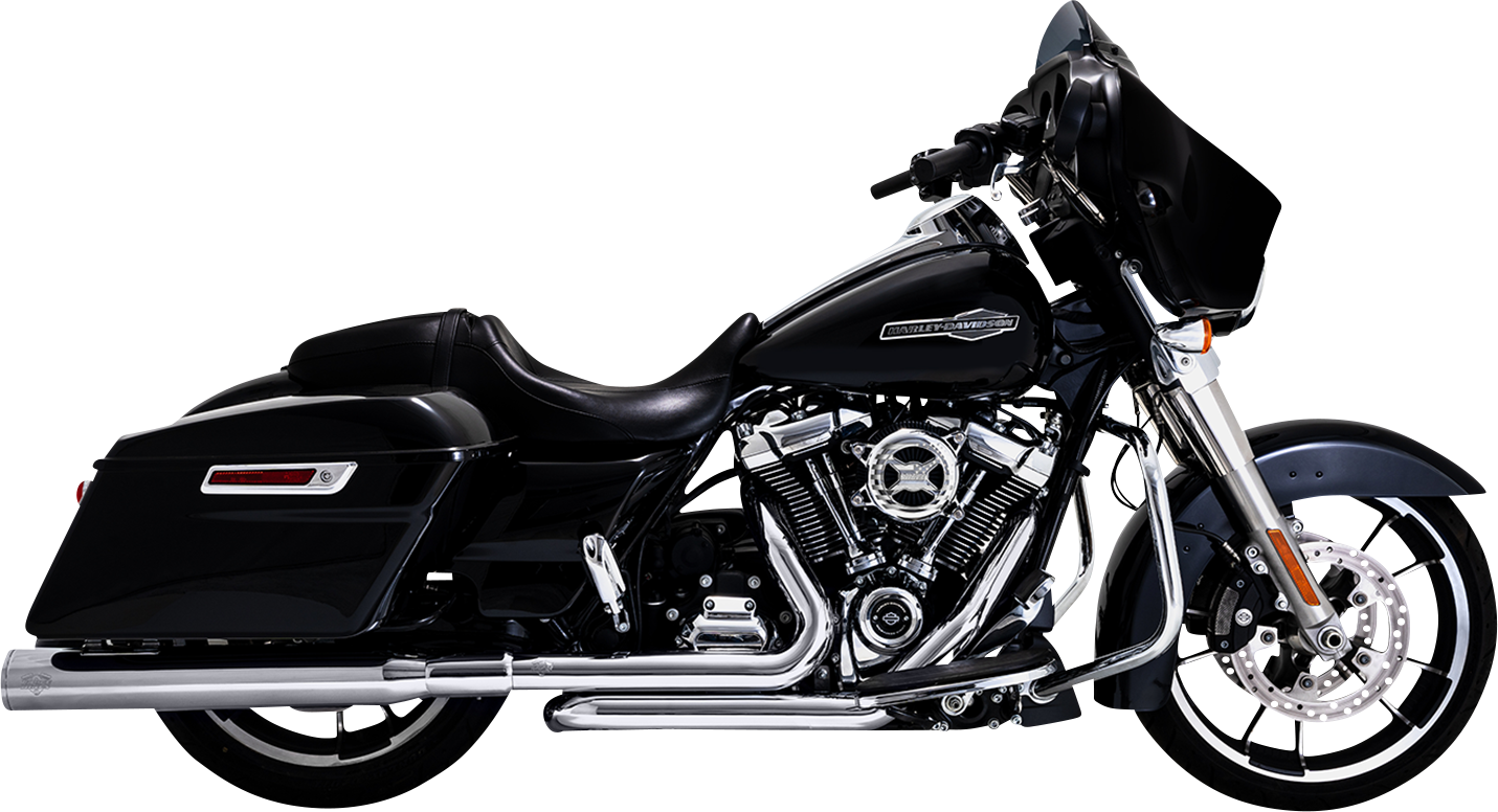 VANCE & HINES Dresser Duals header system with chrome finish, featuring dual exhaust pipes for Harley Davidson motorcycles.