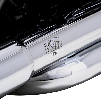 VANCE & HINES Dresser Duals Header System with chrome finish for Harley-Davidson motorcycles, featuring dual exhaust pipes.