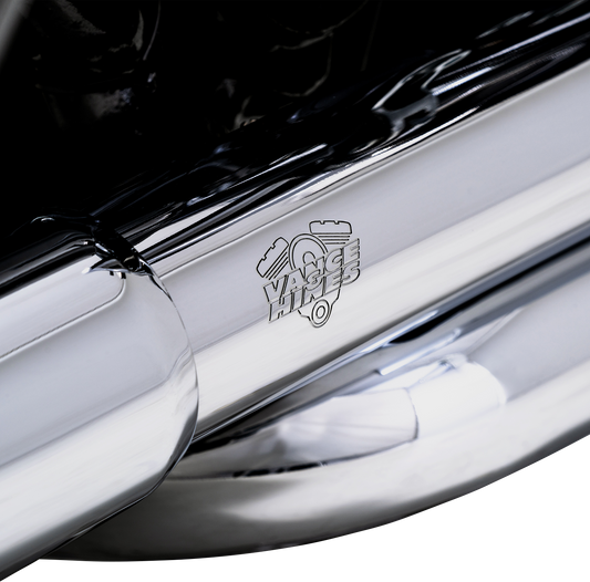 VANCE & HINES Dresser Duals Header System with chrome finish for Harley-Davidson motorcycles, featuring dual exhaust pipes.