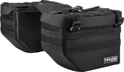 Black motorcycle expedition saddlebags from THRASHIN SUPPLY CO., designed for durable storage on touring bikes.