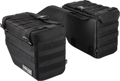 Black THRASHIN SUPPLY CO. Expedition Saddlebags mounted on motorcycle for secure storage.