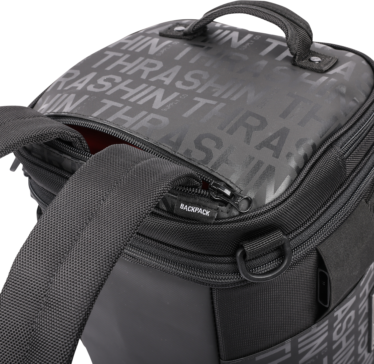 THRASHIN SUPPLY CO. motorcycle passenger bag with 32L capacity, versatile mounting options, and durable material.