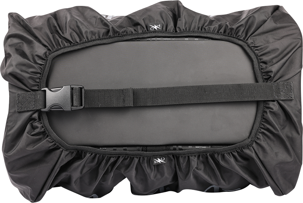THRASHIN SUPPLY CO. motorcycle passenger bag with 32L capacity, versatile mounting options, shown attached to motorcycle seat.