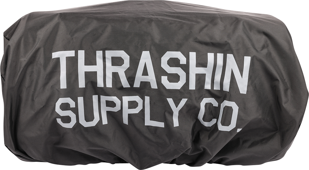 THRASHIN SUPPLY CO. motorcycle passenger bag with 32L capacity, versatile mounting options, shown attached to a motorcycle seat.