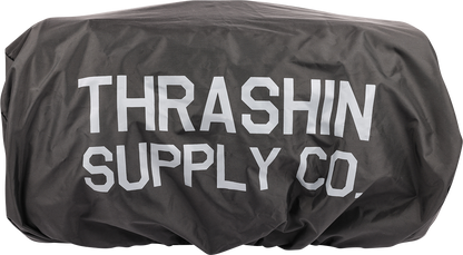 THRASHIN SUPPLY CO. motorcycle passenger bag with 32L capacity, versatile mounting options, shown attached to a motorcycle seat.