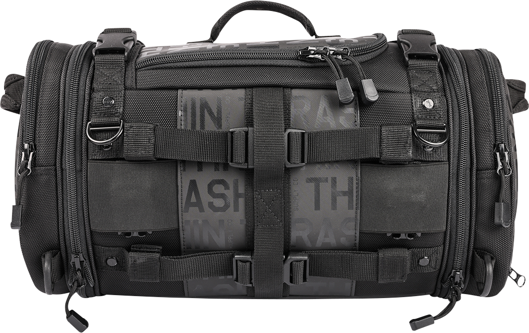 THRASHIN SUPPLY CO. passenger motorcycle bag with 32L capacity, versatile mounting options, shown mounted on a motorcycle seat.