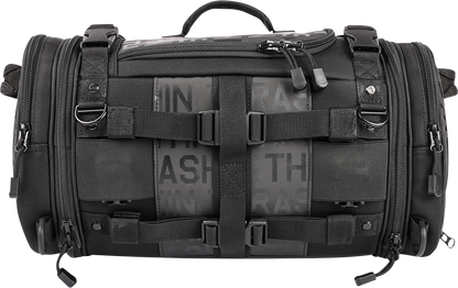 THRASHIN SUPPLY CO. passenger motorcycle bag with 32L capacity, versatile mounting options, shown mounted on a motorcycle seat.