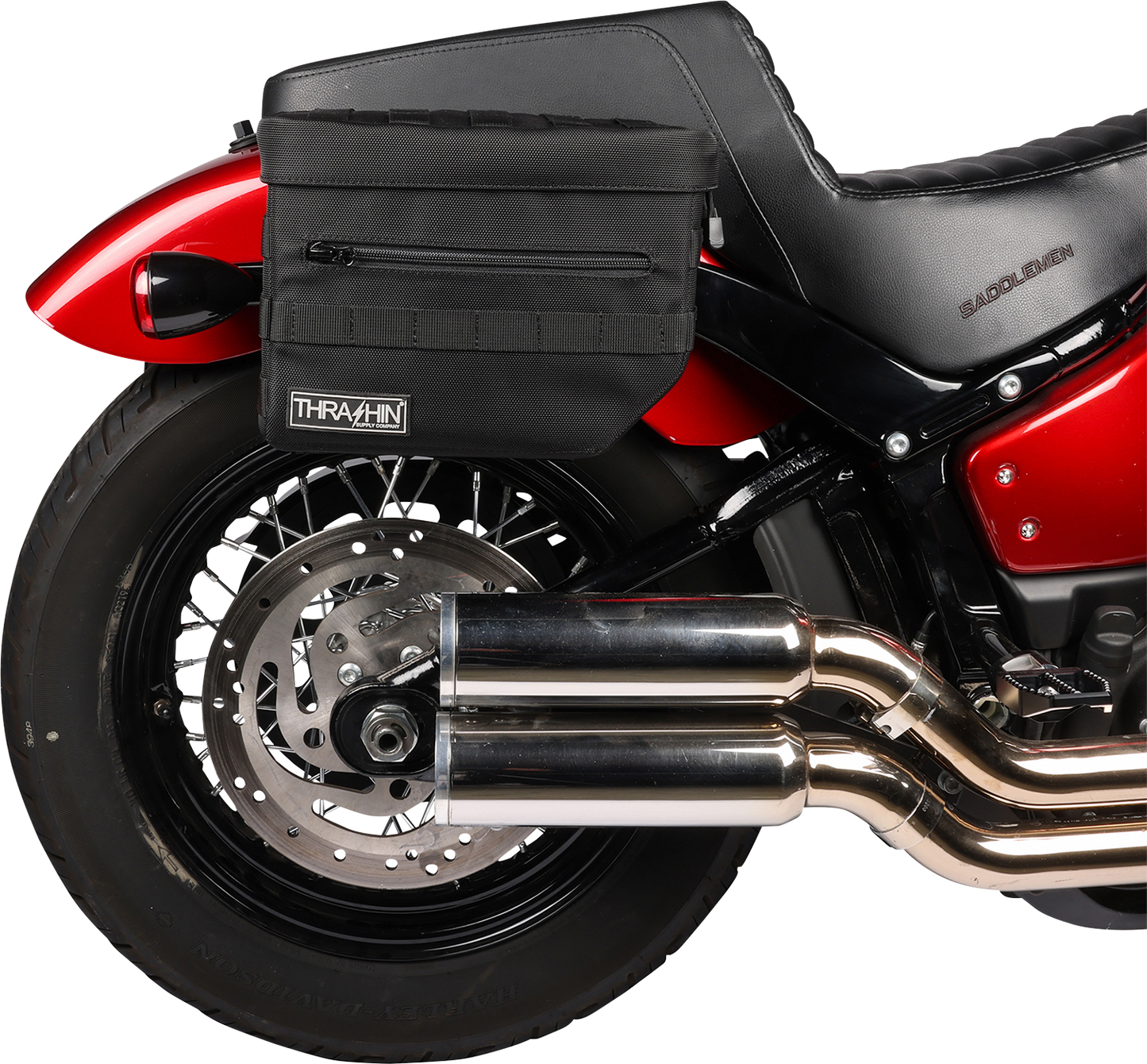 Black THRASHIN SUPPLY CO. Essential Saddlebags with 10-liter capacity, showing durable leather material and secure buckles.