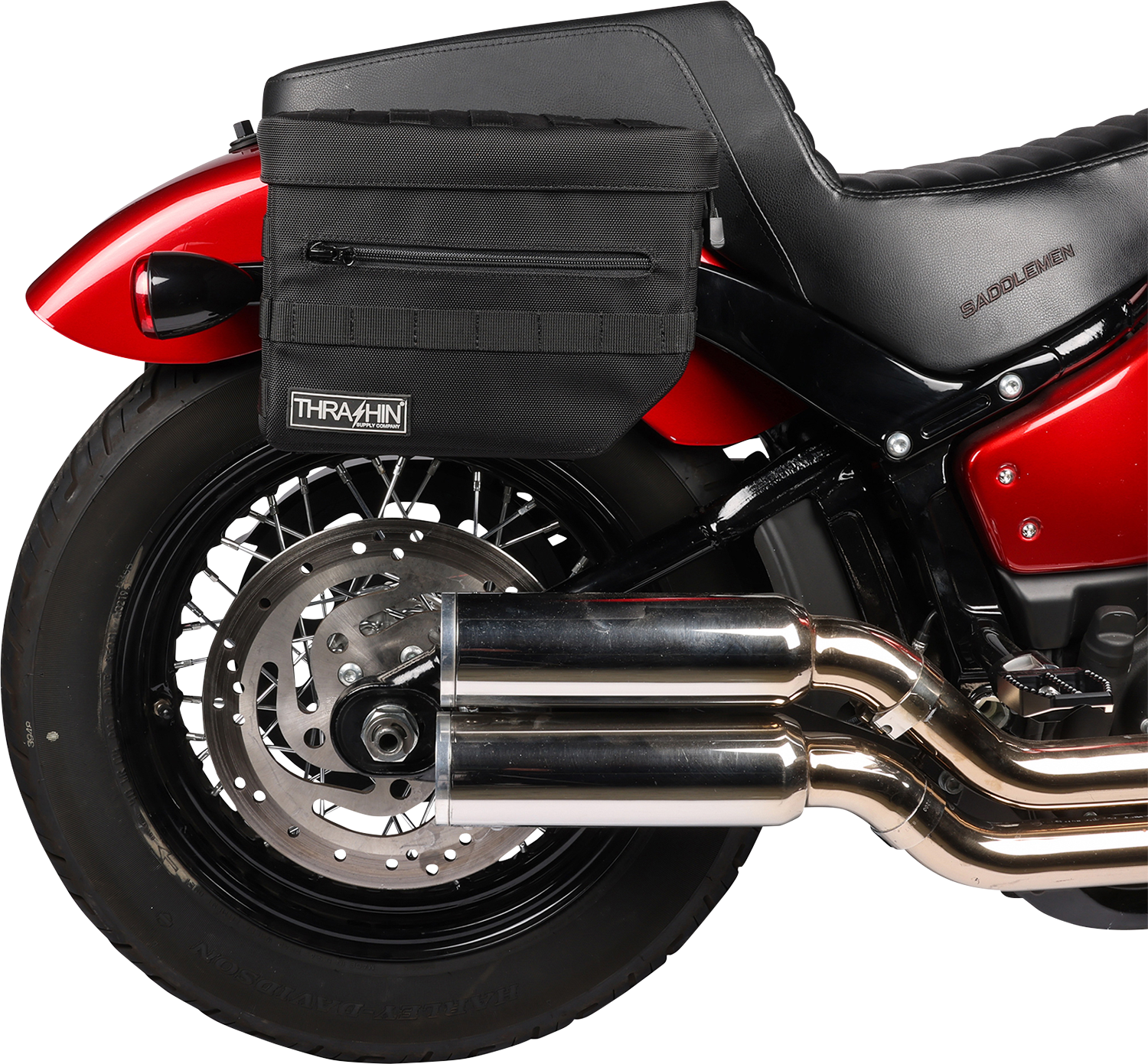 Black THRASHIN SUPPLY CO. Essential Saddlebags with 10-liter capacity, showing durable leather material and secure buckles.