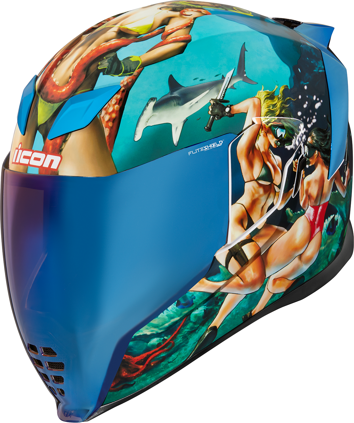 Blue ICON Airflite™ Helmet Pleasuredome 4 in XS size, featuring aerodynamic design and clear visor, shown from side angle.
