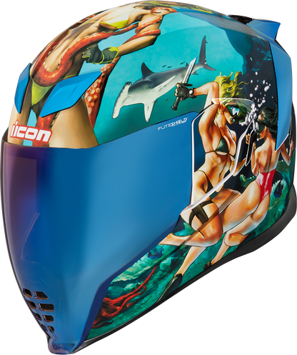 Blue ICON Airflite™ Pleasuredome 4 helmet in small size, featuring a sleek aerodynamic design and bold graphic details.