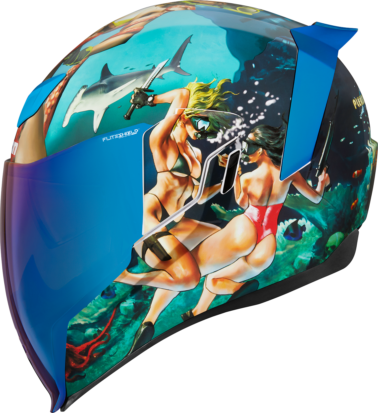 Blue ICON Airflite™ helmet with Pleasuredome 4 graphic, shown in XS size, featuring aerodynamic design and clear visor.