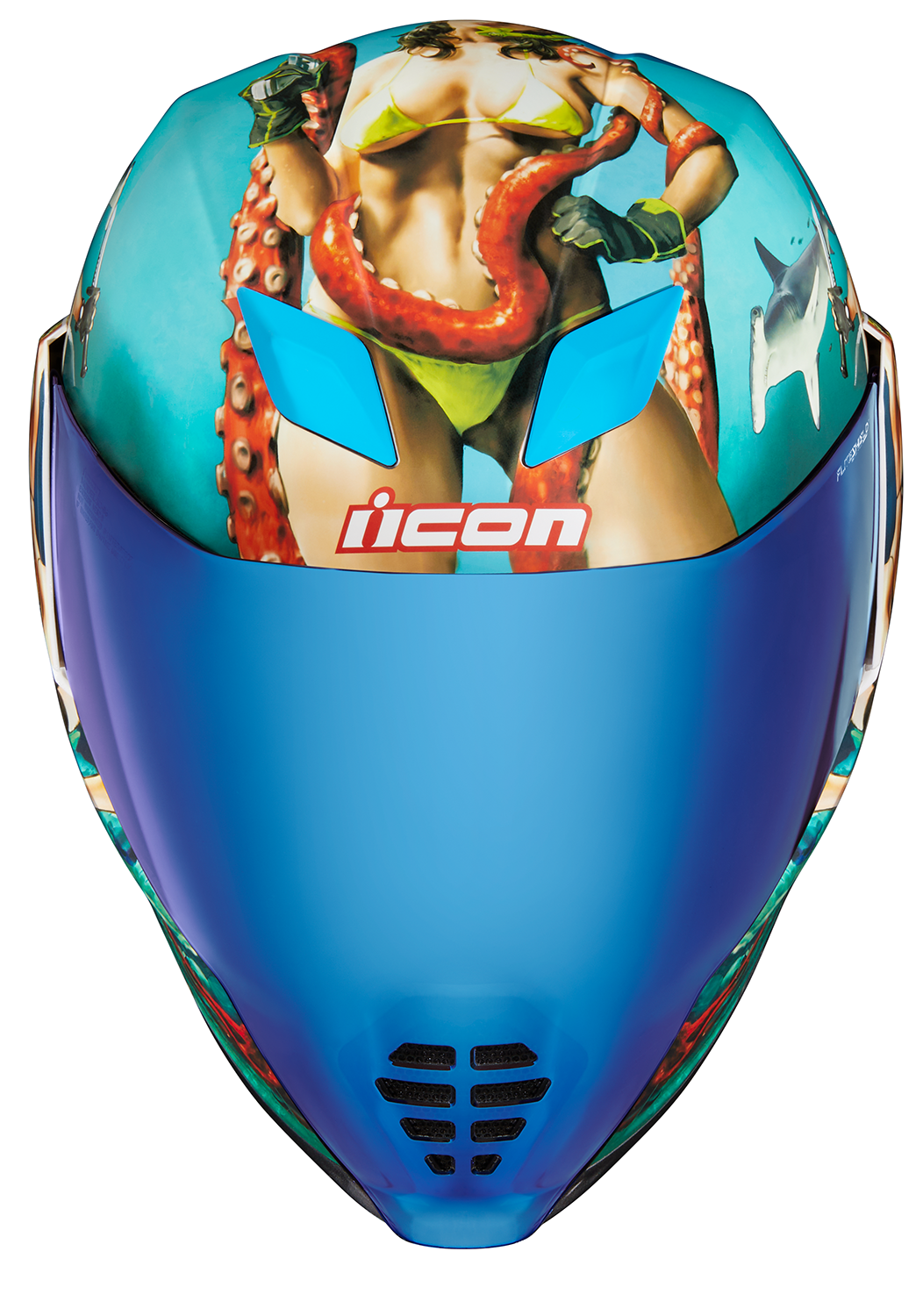 Blue ICON Airflite™ Helmet Pleasuredome 4 in XS size, showing the aerodynamic design and detailed graphics of the motorcycle helmet.