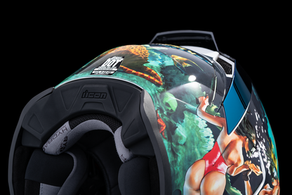 Blue ICON Airflite™ helmet with Pleasuredome 4 design, shown in size XS, featuring a sleek aerodynamic shape and bold graphics.