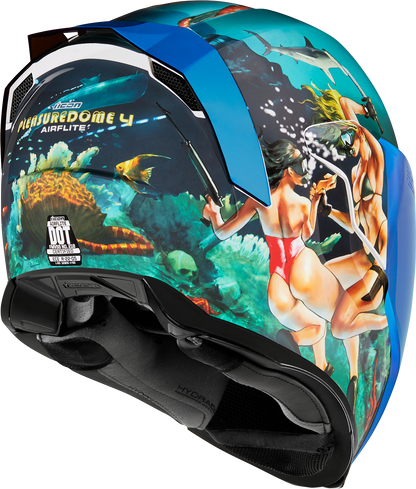 Blue ICON Airflite™ helmet with Pleasuredome 4 graphic, small size, featuring sleek design and bold visual details.