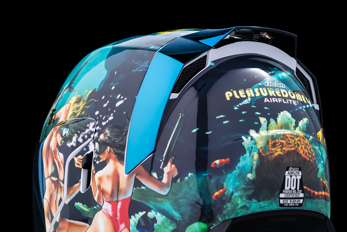 Blue ICON Airflite™ helmet with Pleasuredome 4 graphics, small size, featuring a sleek aerodynamic design and detailed visor.