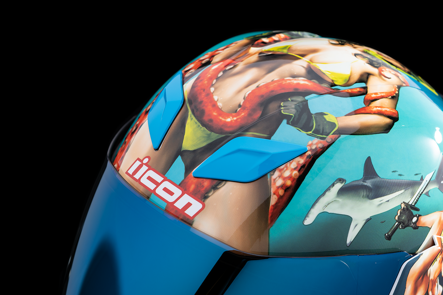 Blue ICON Airflite™ Pleasuredome 4 helmet in small size, featuring a sleek aerodynamic design and bold graphics.