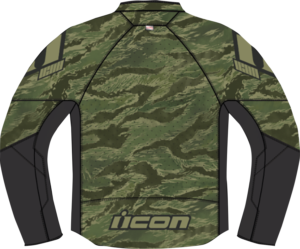 Green ICON Hooligan CE Tigersblood motorcycle riding jacket with impact protection, featuring a rugged design and protective armor.