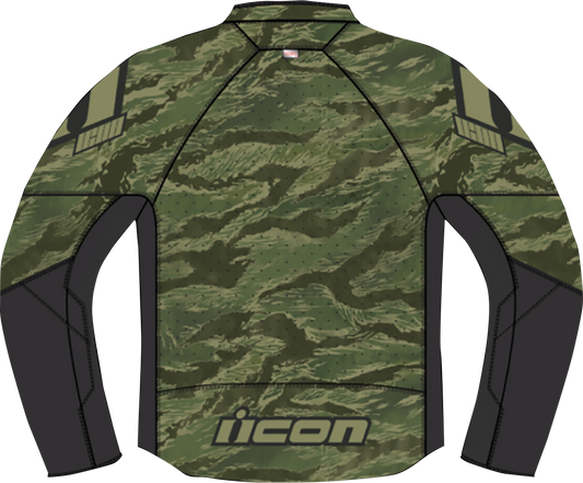 Green ICON Hooligan CE Tigersblood motorcycle riding jacket with impact protection, featuring a rugged design and protective armor.