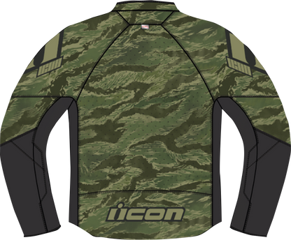 Green ICON Hooligan CE Tigersblood™ jacket in 4XL with impact protection and ventilation features, shown on a hanger.