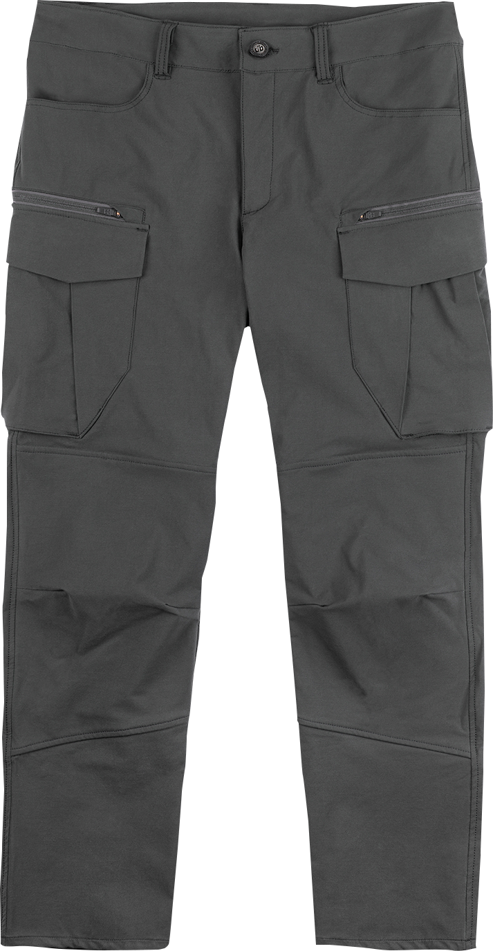 ICON Superduty3™ black motorcycle pants with removable D3O® impact protectors, US size 38, designed for rider safety and durability.