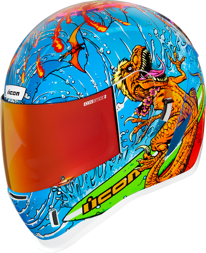 ICON Airform™ Dino Fury Large helmet showcasing its sleek black design and ventilation system for motorcycle safety.