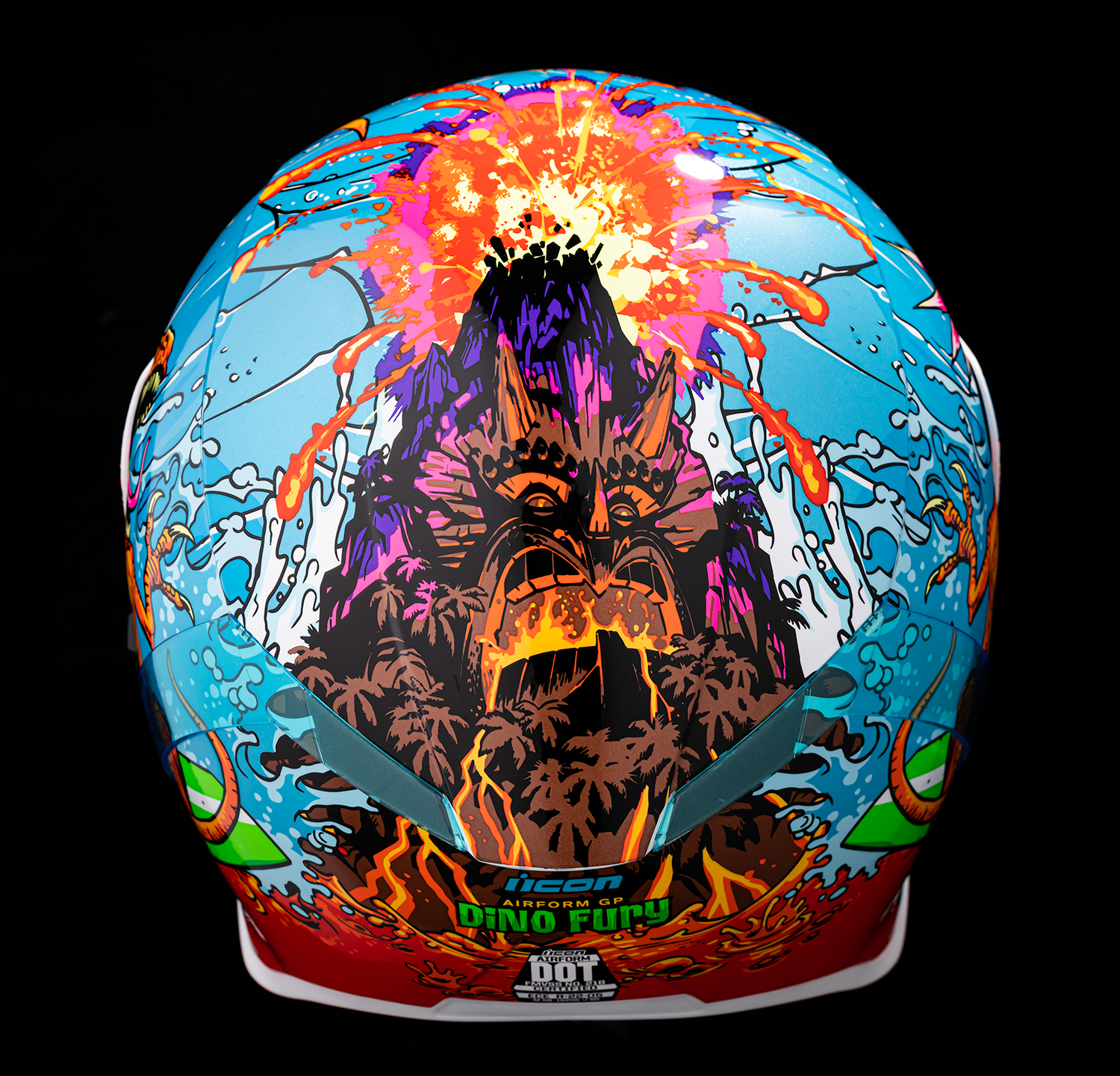 ICON Airform™ Dino Fury helmet in large size with vibrant design, shown from the front with detailed helmet graphics.
