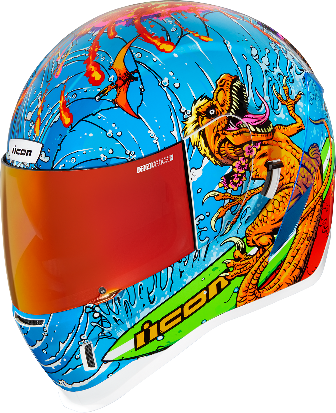 ICON Airform™ Dino Fury helmet in medium with clear and smoke shields, featuring a sleek design and vibrant graphics.