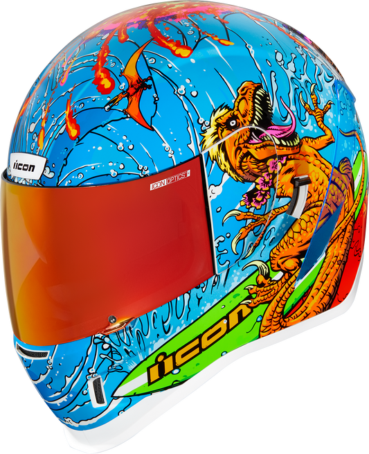 ICON Airform™ Dino Fury helmet in medium with clear and smoke shields, featuring a sleek design and vibrant graphics.