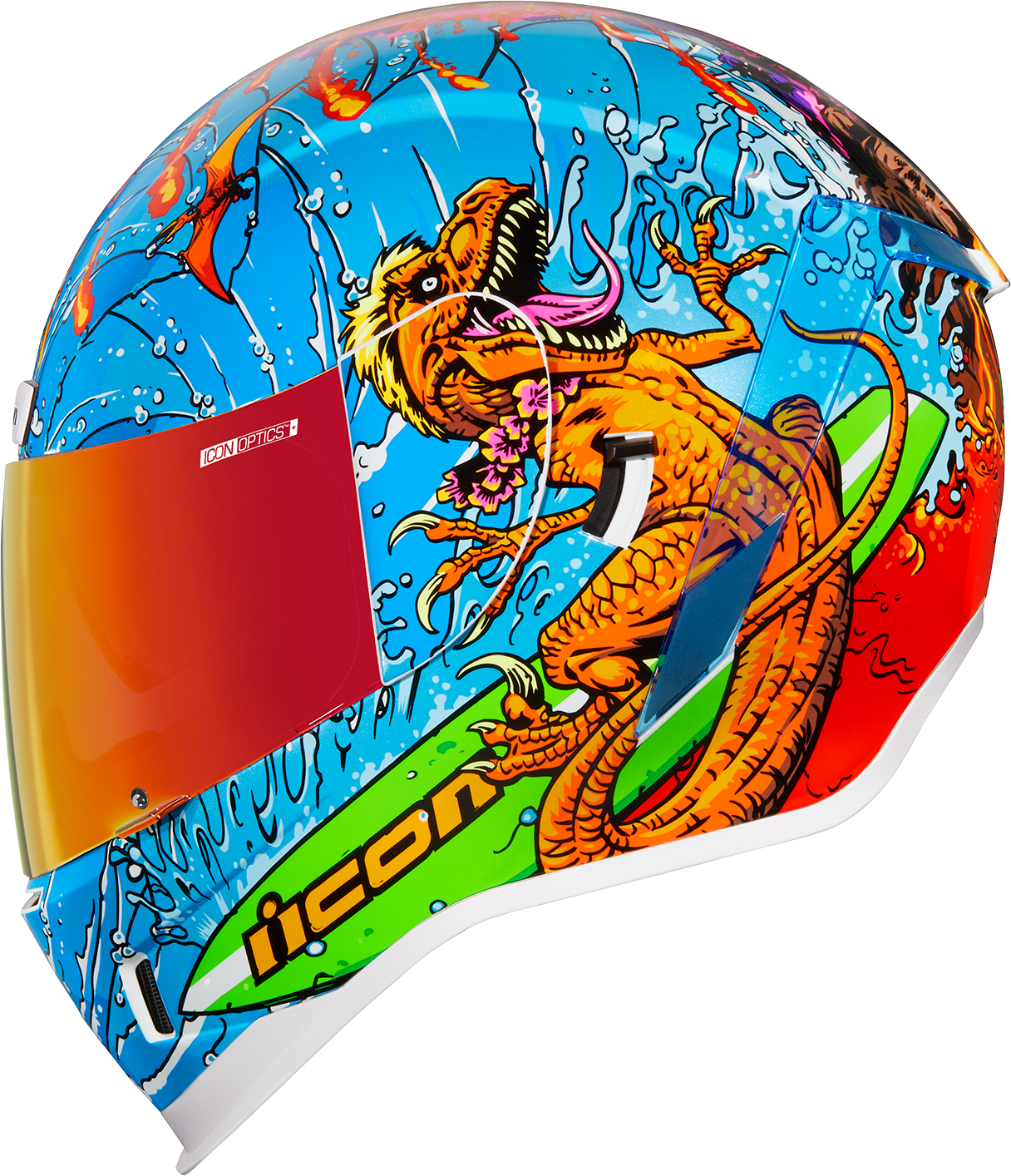 ICON Airform™ Dino Fury helmet in medium with clear and smoke shields, featuring a bold, aerodynamic motorcycle helmet design.