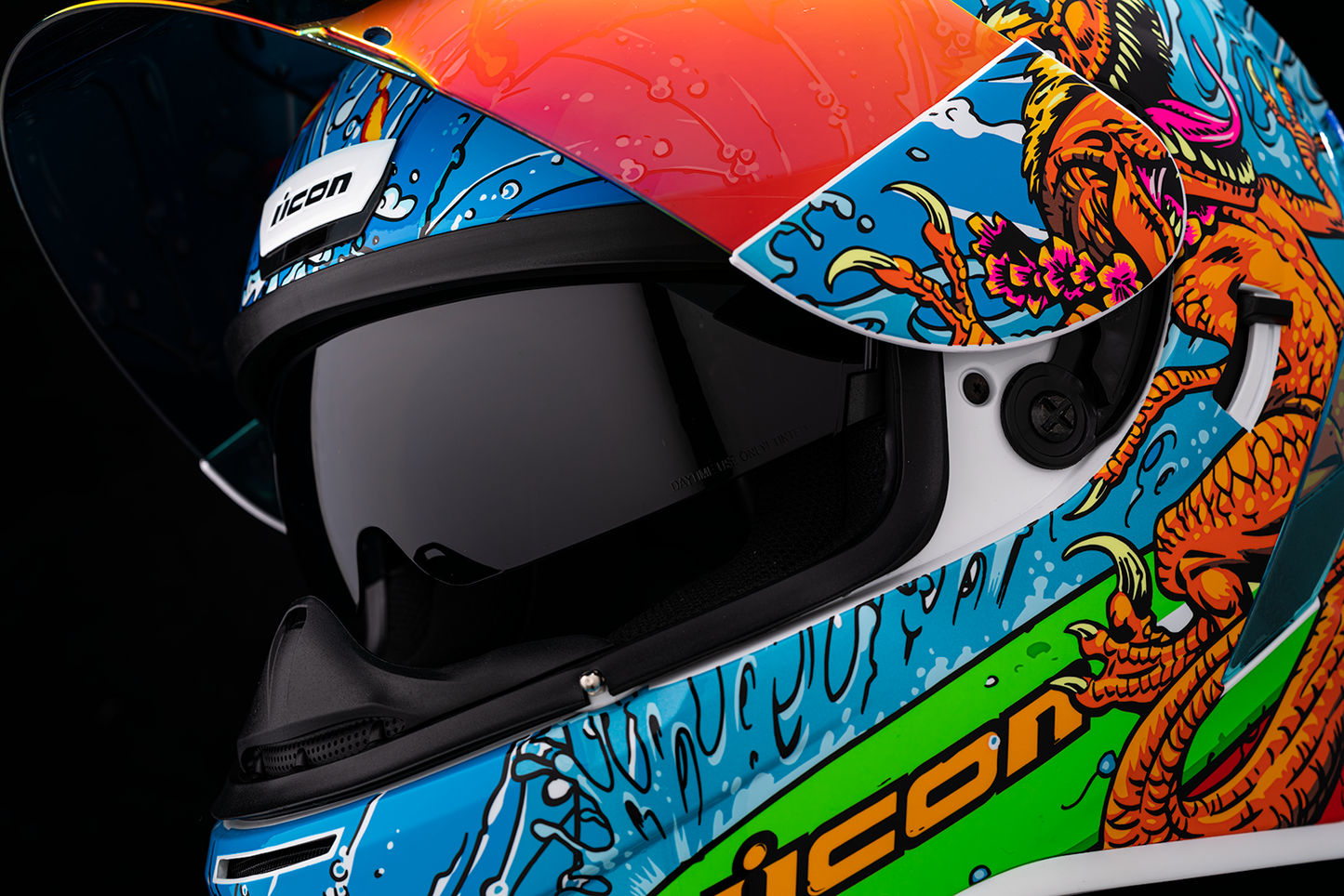 Icon Airform Dino Fury large helmet featuring a sleek design and bold graphics, perfect for motorcycle riders.