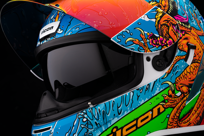 Icon Airform Dino Fury large helmet featuring a sleek design and bold graphics, perfect for motorcycle riders.