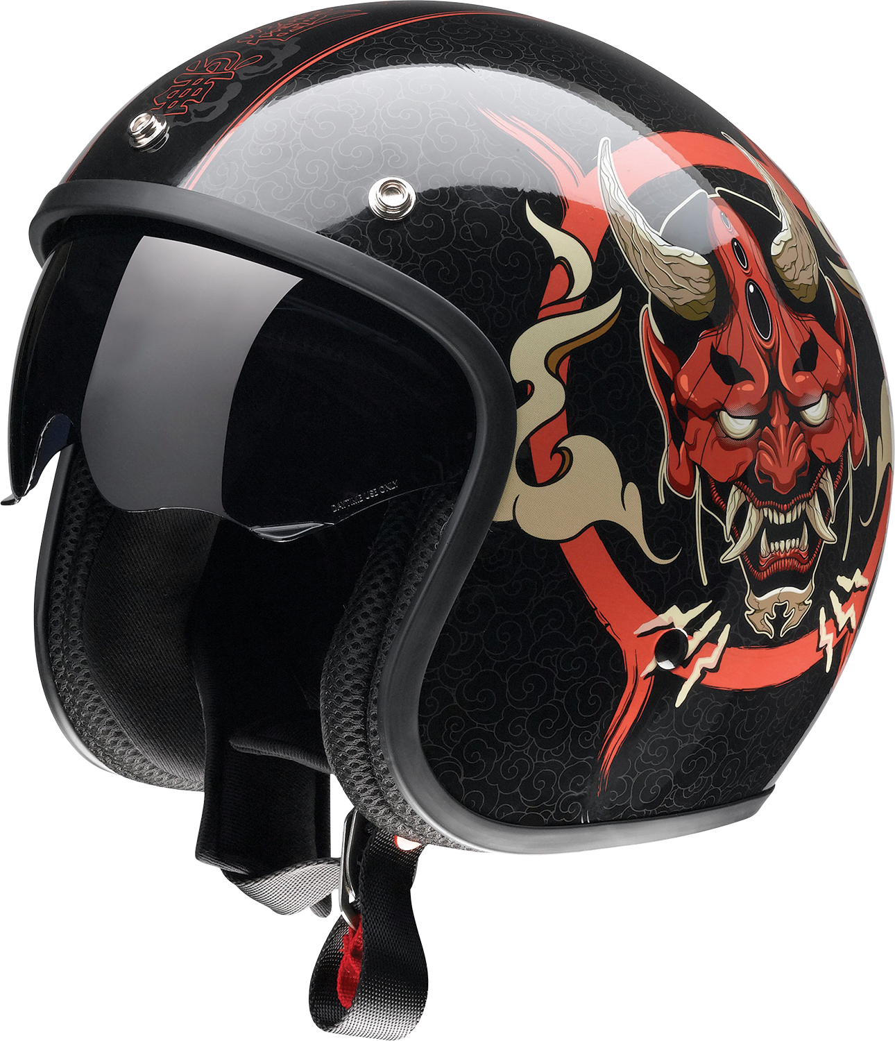 Z1R Saturn helmet in gloss black and red with devilish design, shown in size XL, featuring sleek aerodynamic shape and detailed graphics.