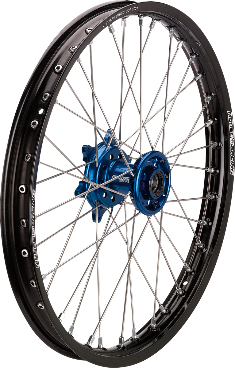 Black MOOSE OFFROAD SX-1 front wheel assembly for Suzuki RM and Yamaha YZ, with blue hub, 17x1.4 size, part YF-14017-BKBU.