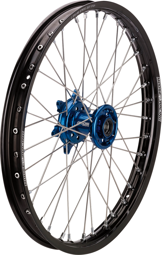Black MOOSE OFFROAD SX-1 front wheel assembly for Suzuki RM and Yamaha YZ, with blue hub, 17x1.4 size, part YF-14017-BKBU.
