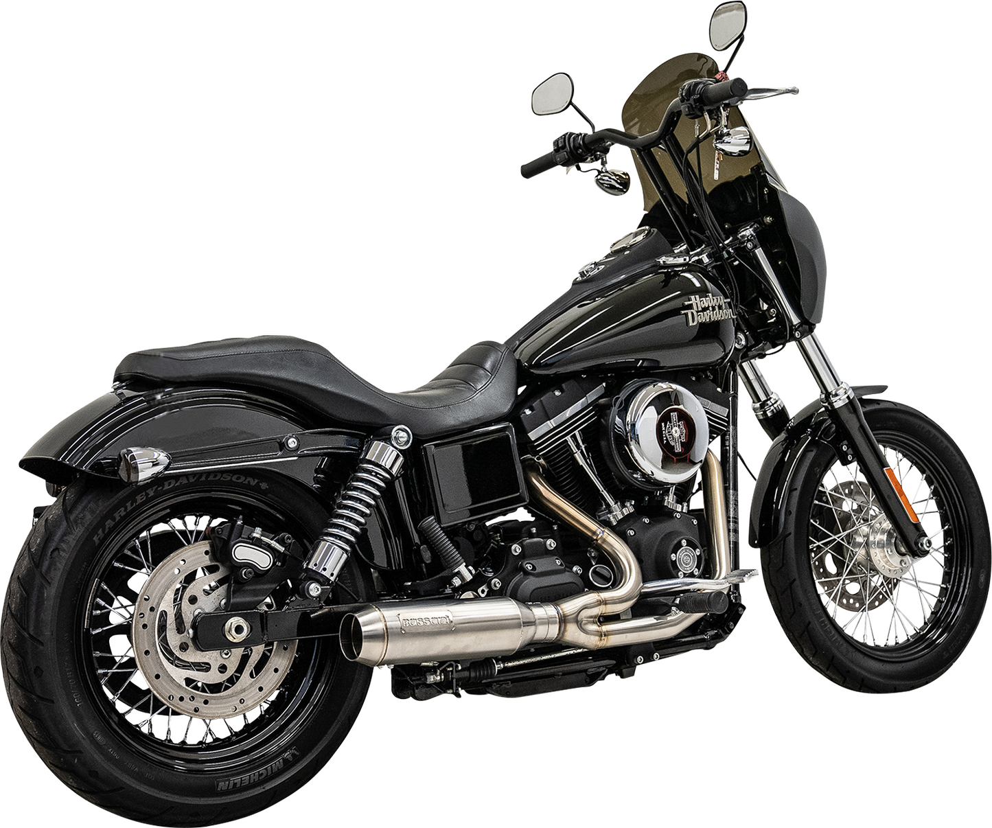 Stainless steel Bassani Xhaust 2-into-1 Ripper exhaust system with Super Bike muffler, featuring polished metal finish and sleek design.