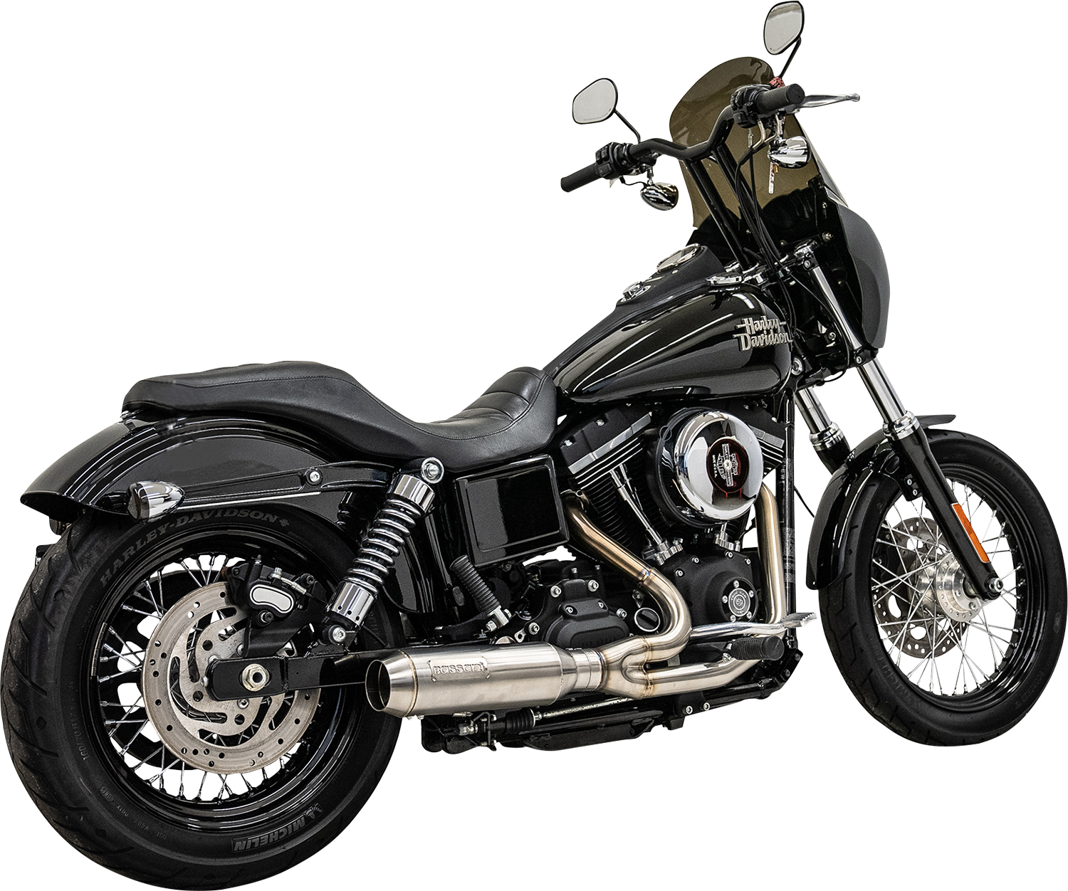 Stainless steel Bassani Xhaust 2-into-1 Ripper exhaust system with Super Bike muffler, featuring polished metal finish and sleek design.
