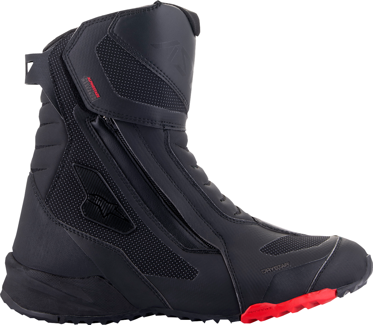 Alpinestars RT-7 Drystar motorcycle boots in black and red, US 9, side view showing protective design and branding.